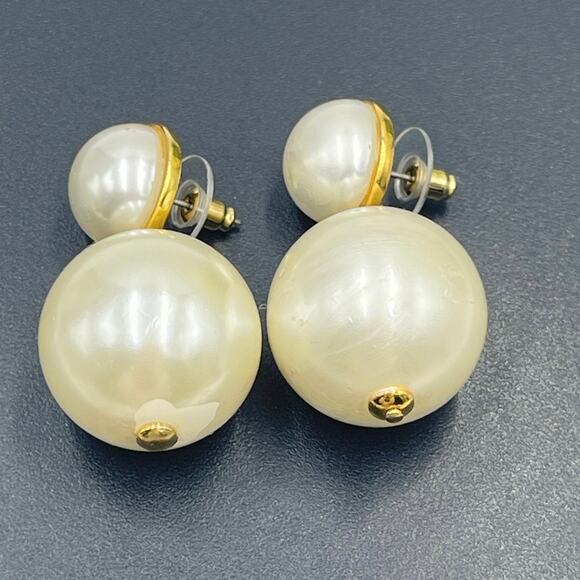 Lele Sadoughi Designer Large White Faux Pearl Double Drop Pierced Earrings - Picture 5 of 12